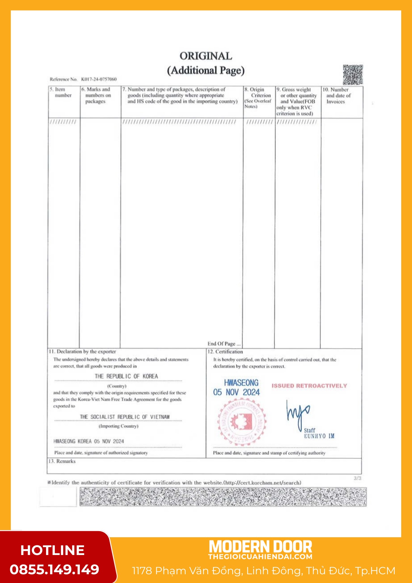 Báo Giá Cửa Nhựa ABS Hàn Quốc Giá Rẻ Mới Nhất Năm 2025 101 C.O Giấy chứng nhận xuất xứ cửa nhựa ABS Hàn Quốc của Modern Door
