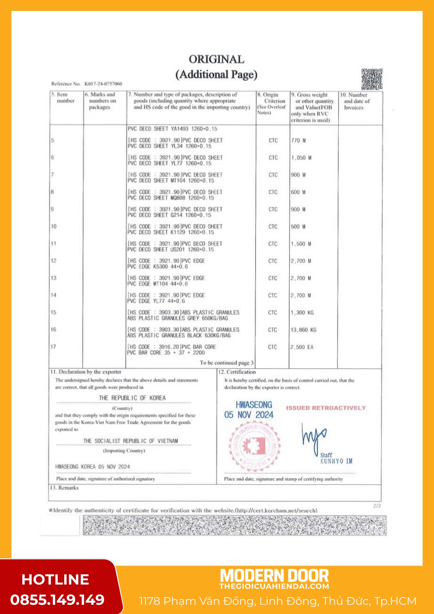 Báo Giá Cửa Nhựa ABS Hàn Quốc Giá Rẻ Mới Nhất Năm 2025 102 C.O Giấy chứng nhận xuất xứ cửa nhựa ABS Hàn Quốc của Modern Door