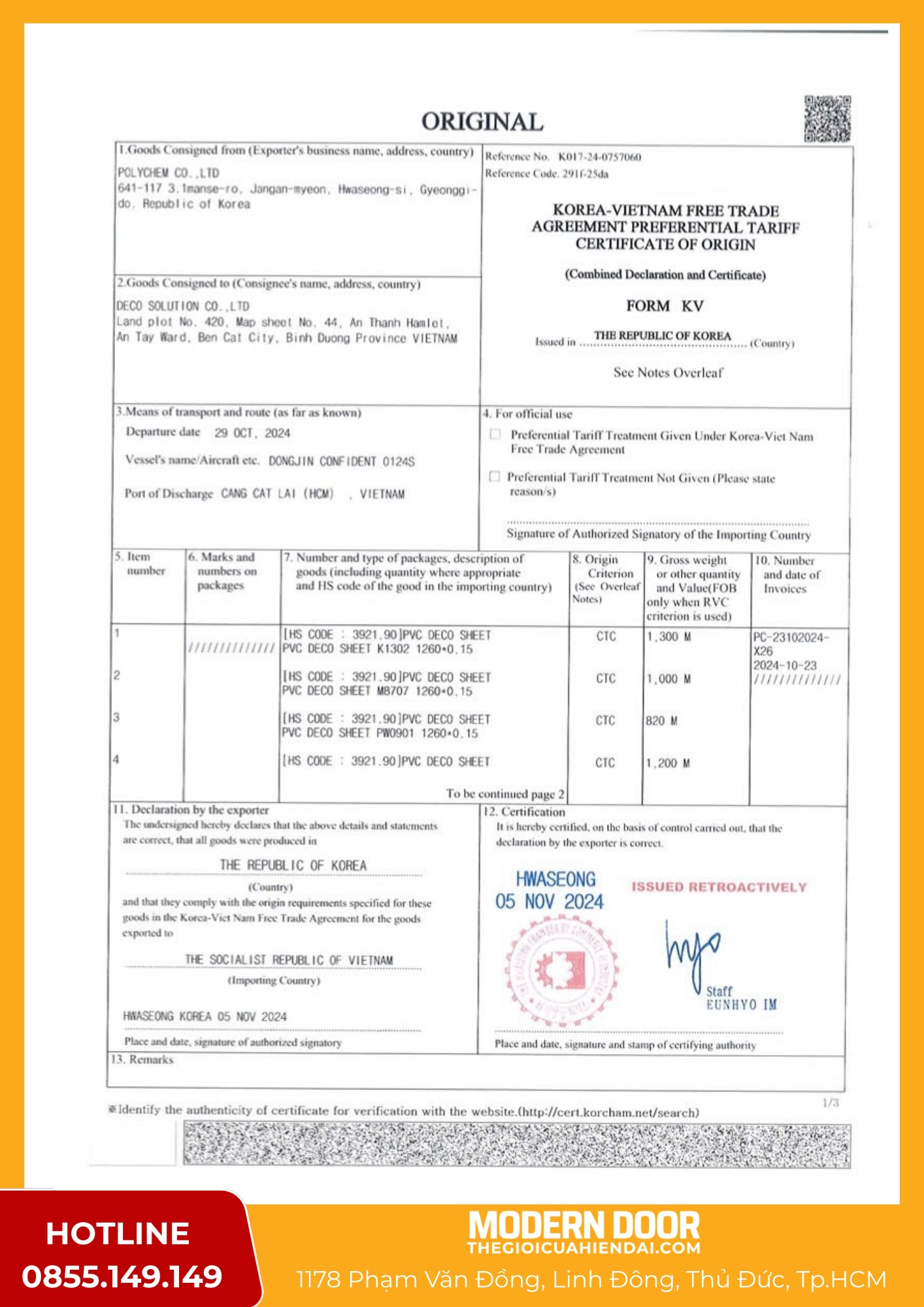 Báo Giá Cửa Nhựa ABS Hàn Quốc Giá Rẻ Mới Nhất Năm 2025 100 C.O Giấy chứng nhận xuất xứ cửa nhựa ABS Hàn Quốc của Modern Door