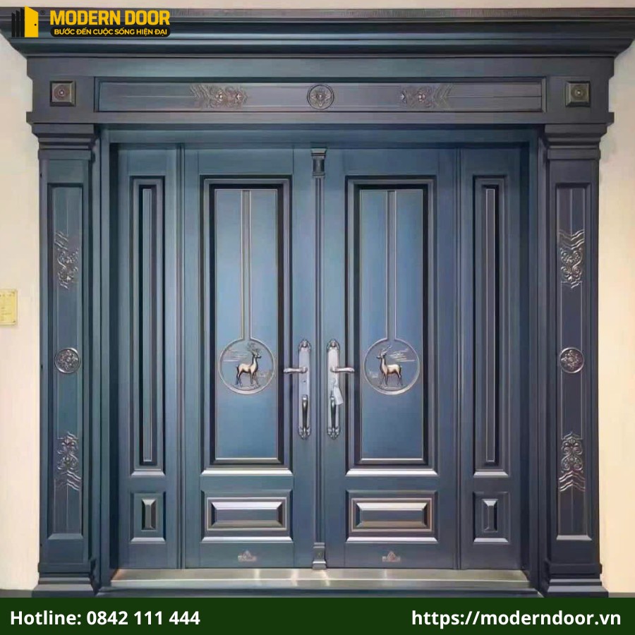 Cửa thép vân gỗ màu xanh mang phong cách hiện đại, cá tính