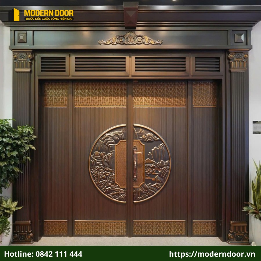 Mẫu cửa vân gỗ 2 cánh sang trọng, hiện đại cho nhà phố