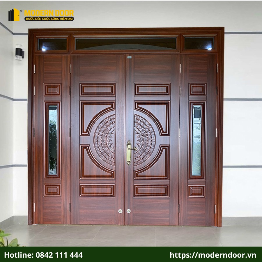 Cửa thép vân gỗ 4 cánh với thiết kế 4 cánh mở rộng phù hợp cho những không gian lớn