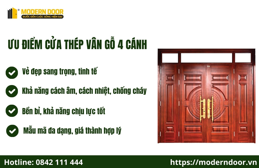 Ưu điểm cửa thép vân gỗ 4 cánh