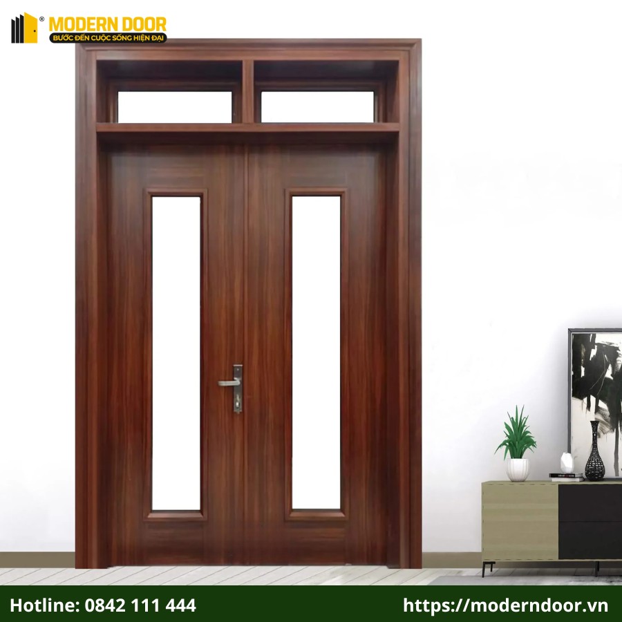 Cửa thép vân gỗ 2 cánh có kích thước tiêu chuẩn là Chiều rộng: 1200 – 2100 mm, Chiều cao: 1900 – 2610 mm
