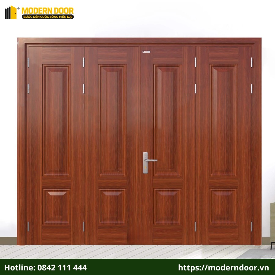 Chiều rộng: 2260 – 4000 mm; Chiều cao: 1900 – 2610 mm là kích thước tiêu chuẩn cửa thép vân gỗ 4 cánh