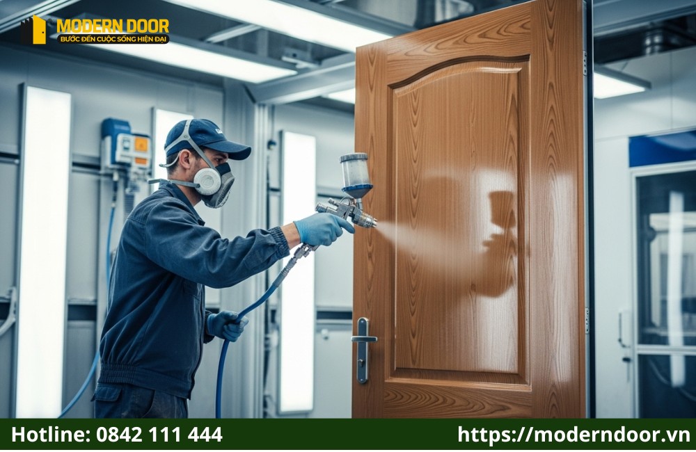 Phủ sơn bề mặt là một trong những bước quan trọng khi chế xuất cánh cửa thép vân gỗ