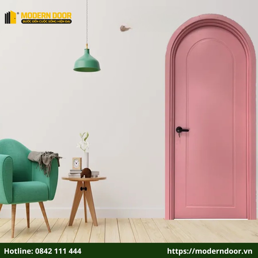 Cửa nhựa composite màu hồng được ứng dụng trong phòng khách
