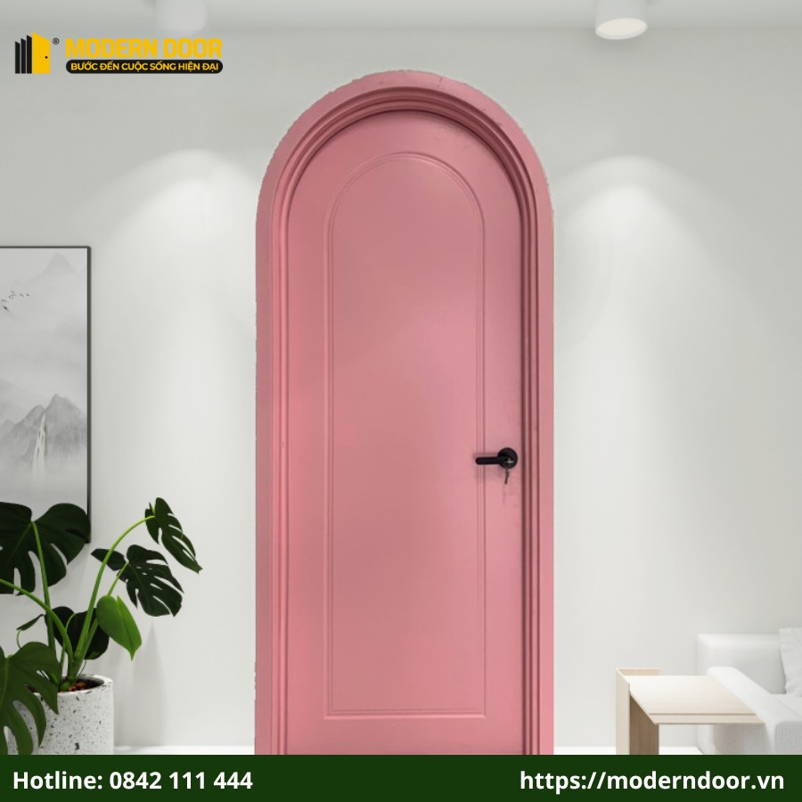 Cửa nhựa composite màu hồng được ứng dụng trong phòng ngủ