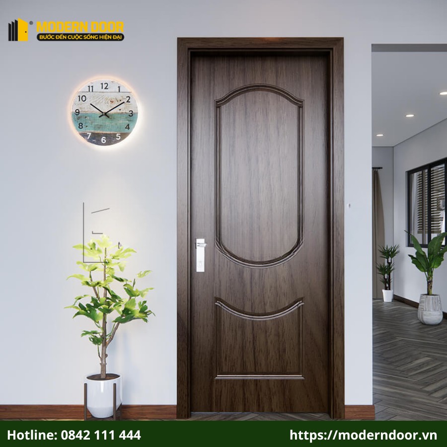 Cửa nhựa composite màu óc chó được lắp đặt trong phòng khách