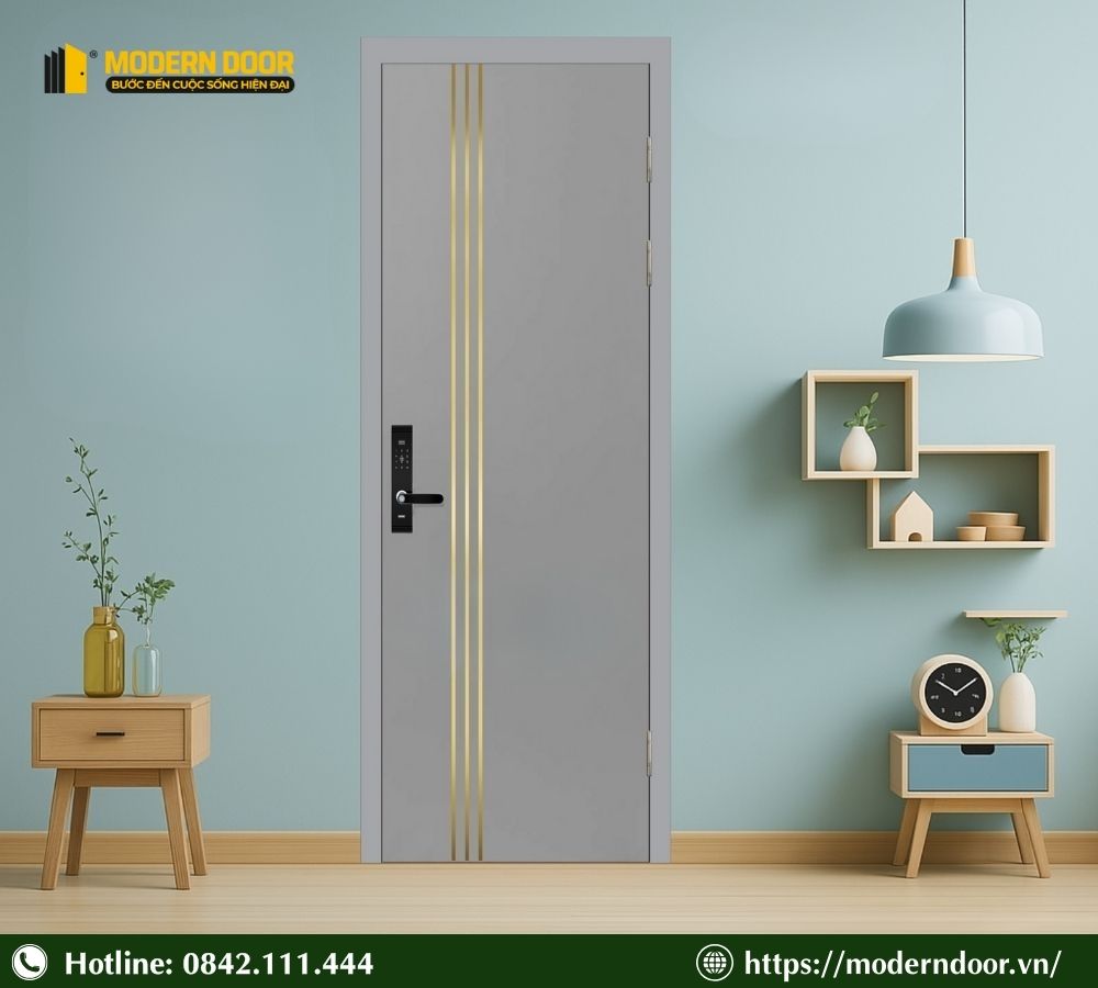 Báo Giá Các Loại Cửa Cách Âm Phòng Ngủ Mới Nhất 2026 35 Mẫu cửa cách âm gỗ nhựa composite, màu xám kết hợp đường kẻ vàng gold sang trọng