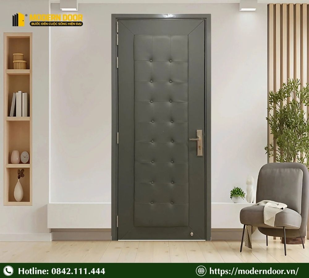 Báo Giá Các Loại Cửa Cách Âm Phòng Ngủ Mới Nhất 2026 44 Mẫu cửa màu xám rêu chất liệu gỗ nhựa composite, bên ngoài phủ lớp da để tăng khả năng cách âm cho cửa