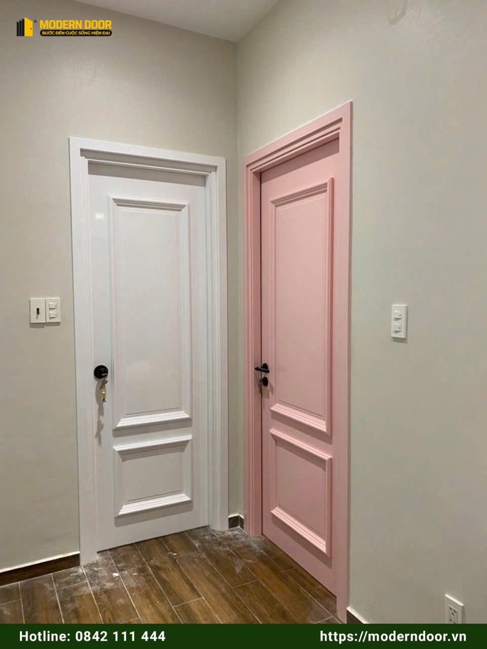 Báo Giá Cửa Nhựa Giả Gỗ Composite Cao Cấp Mẫu Mới 2026 110 Bộ đôi mẫu cửa nhựa composite đẹp 2026 màu trắng và hồng đồng bộ, được Modern Door thi công lắp đặt trọn gói