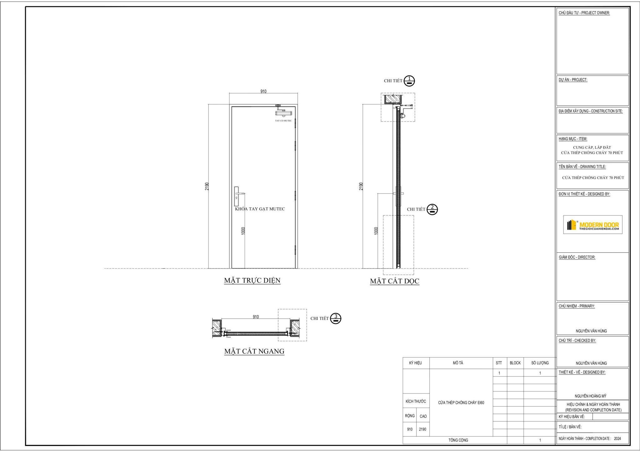 Báo giá & Mẫu cửa thép chống cháy đã kiểm định 2026 15 Bản vẽ tổng thể cửa thép chống cháy EI60 tại Modern Door, thể hiện kích thước tiêu chuẩn, mặt cắt và cấu tạo chi tiết giúp đảm bảo thi công chính xác và an toàn PCCC